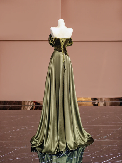 Olive Green Ball Gown Off the Shoulder Velvet Satin Prom Dress Wedding Guest Dress DP3878