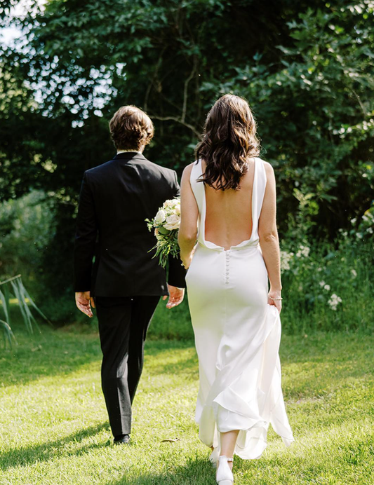 Simple Sheath V Neck White Satin Open Back Wedding Dresses DP4345