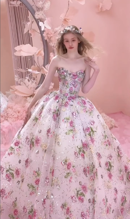 Romantic Pink Rose Ball Gown Strapless Exquisite Beaded Tulle Long Prom Dress DP4603