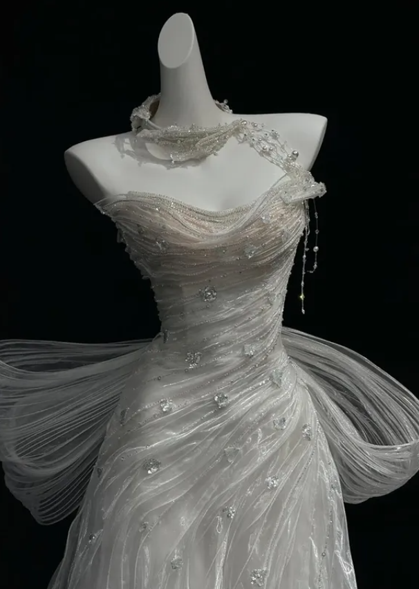 Chic A Line Off the Shoulder Beaded Pleated White Organza Prom Dress Graduation Prom Dress DP5049