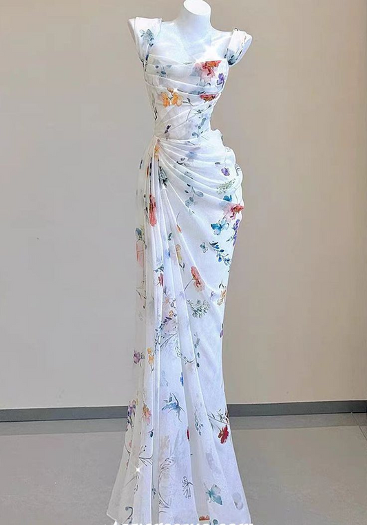 Floral Printed Chiffon Mermaid Pleatingg Sheath Charming Bridesmaid Dress Prom Dress DP202