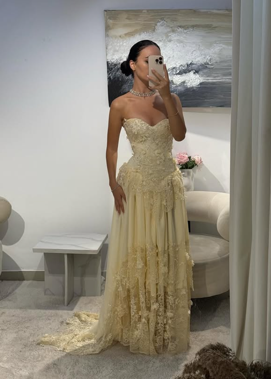 Yellow A Line Sweetheart Neck Lace Chiffon Prom Dress 16th Birthday Dress DP3713