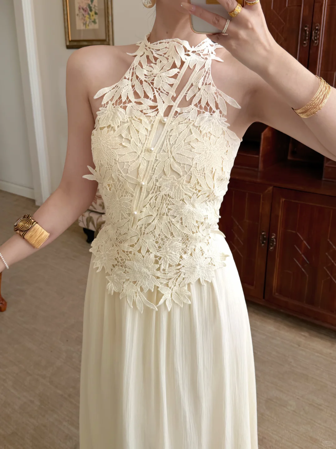 Elegant Ivory A Line Halter Lace Chiffon Long Prom Dress Evening Dress DP6463