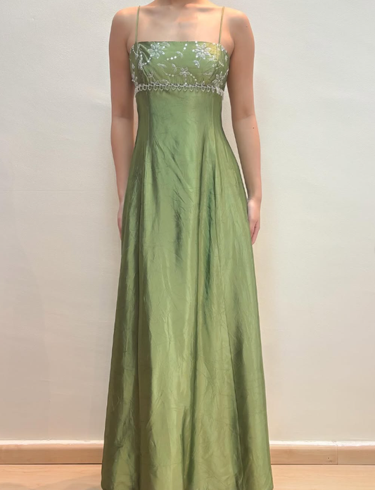 Vintage A Line Spaghetti Strap Beaded Sequin Green Satin Long Prom Dress Evening Dress DP1716