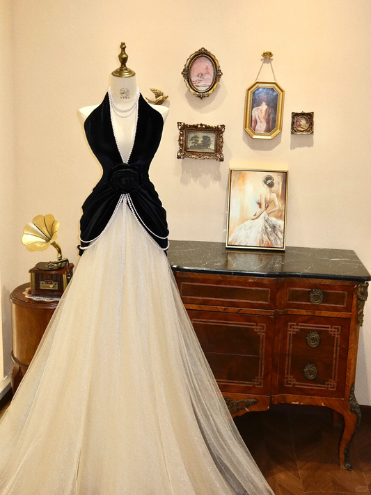 Classic White-Black A Line V Neck Velvet Tulle Prom Dress Wedding Guest Dress DP3920