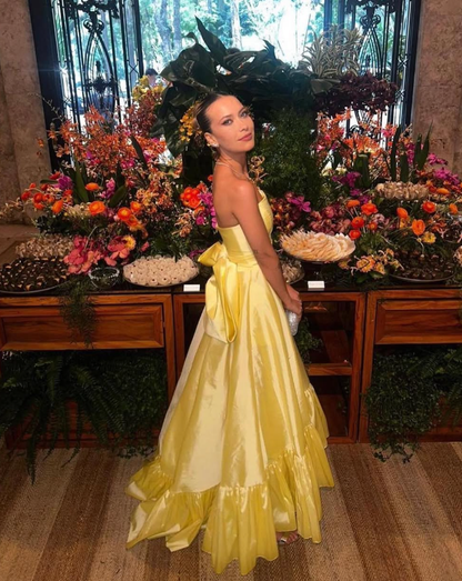 Cute A Line Strapless Yellow Satin Prom Dress Evening Dress with Bow DP1616