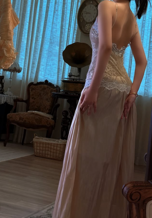 Romantic A Line Halter Apricot Lace Satin Prom Dress Evening Dress DP7924