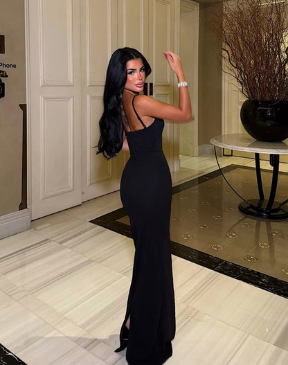 Charming Black Sheath Spaghetti Strap Satin Long Prom Dress Party Dress DP8224