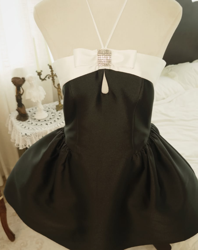 Classic Black-white A Line Halter Satin Short Prom Dress Homecoming Dress DP7970