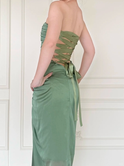 Vintage Sage Green Exquisite Beaded Pleated Satin Tea Length Prom Dress DP5164