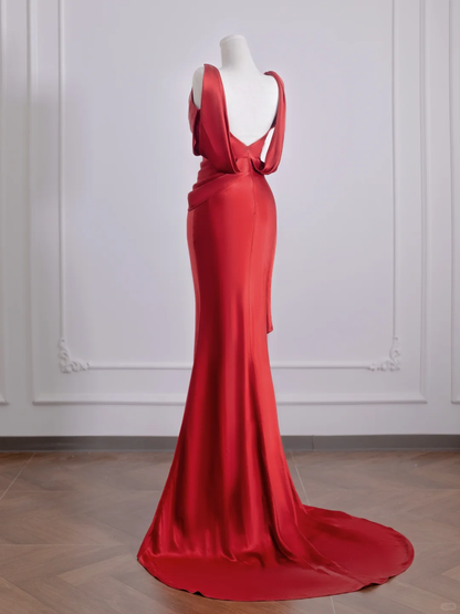 Simple Red Mermaid Straps Satin Prom Dress Wedding Guest Dress DP3879