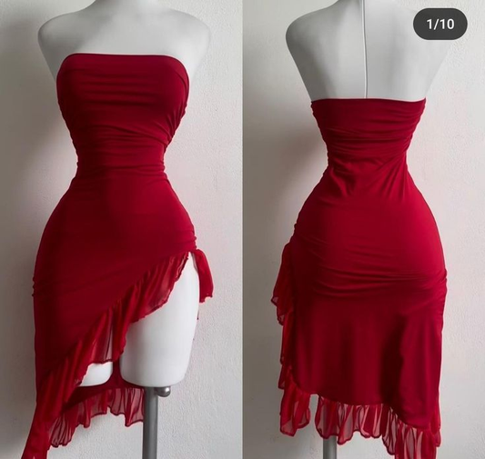 Red Strapless Ruffles Short Party Dress Bodycon Homecoming Dress DP577