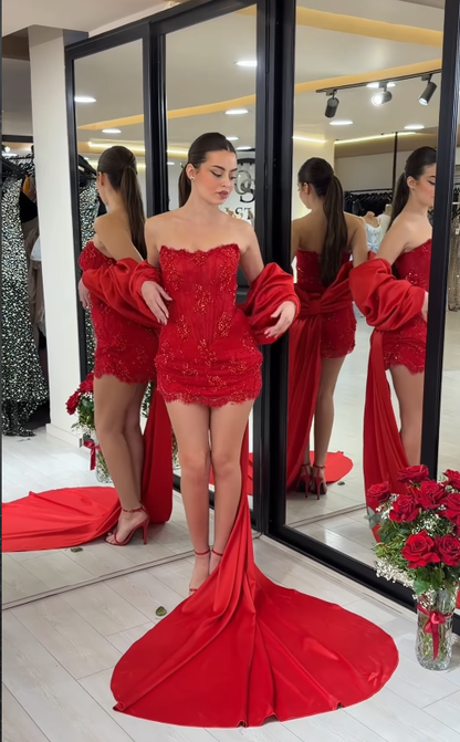 Sexy Red Bow Sheath Strapless Beaded Lace Short Prom Dress Birthday Party Dress DP4912