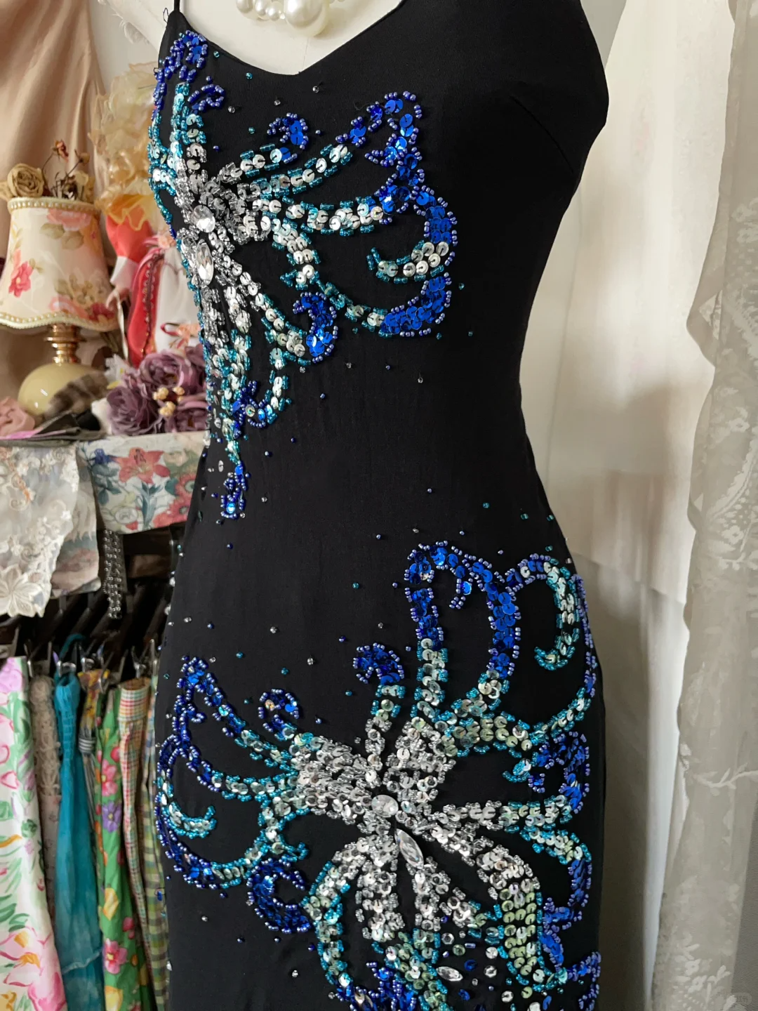 Vintage Mermaid Spaghetti Straps Beaded Black Satin Prom Dress Evening Dress DP4869
