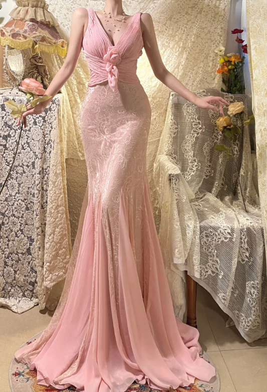 Gentle Mermaid V Neck Light Pink Lace Chiffon Long Prom Dress Wedding Guest Dress DP4274