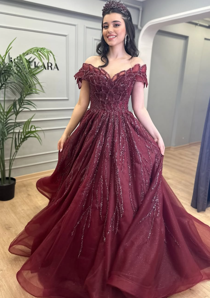 Stunning A Line Off the Shoulder Navy Blue Sequin Beaded Tulle Prom Dress Evening Dress DP1858