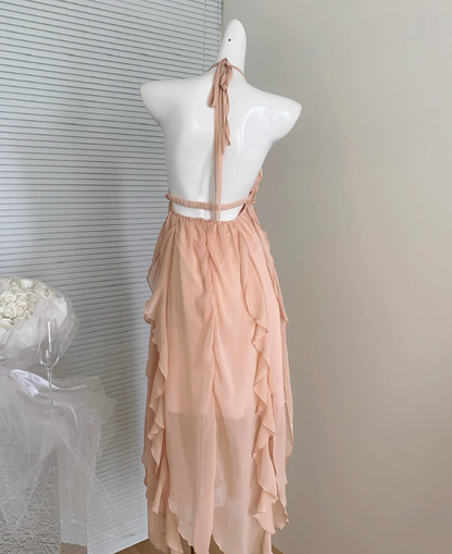 Elegant A Line Halter Rhinestone Ruffle Chiffon Vacation Dress Summer Dress Outfits DP3558