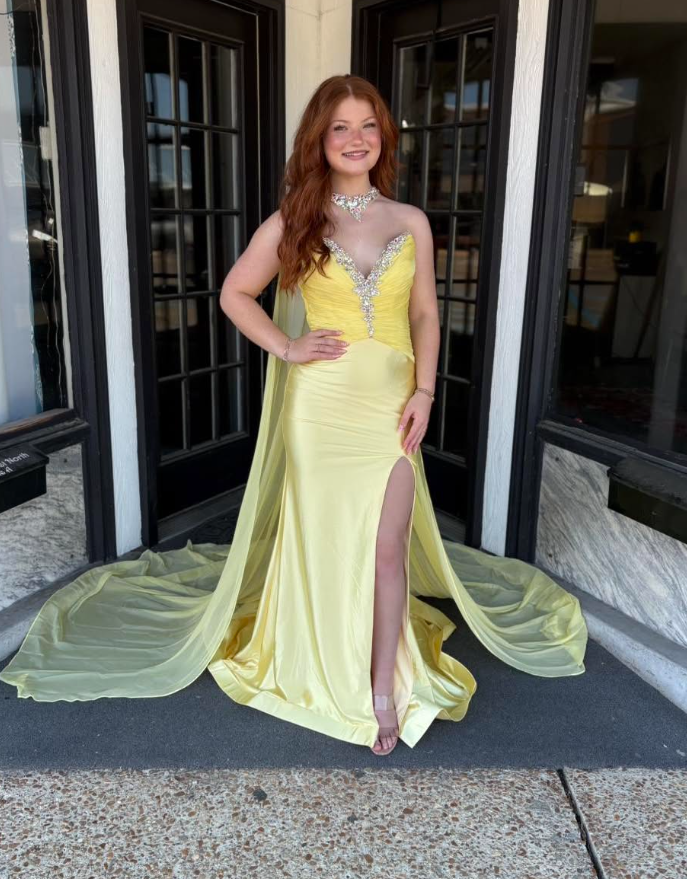 Pretty Yellow Mermaid Sweetheart Neck Rhinestone Satin Prom Dress Party Evening Dress DP6295