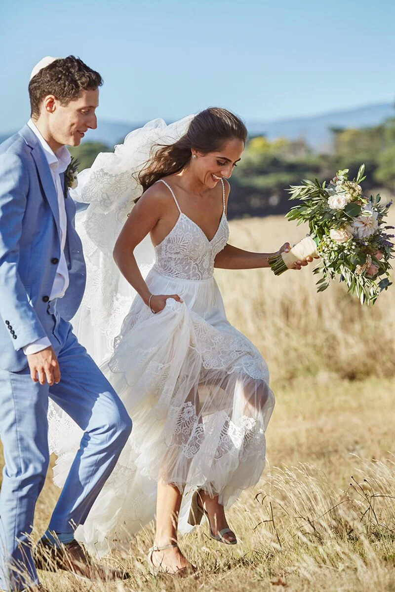 Gentle A Line Spaghetti Straps White Lace Tulle Open Back Evening Dress Wedding Dress DP2856