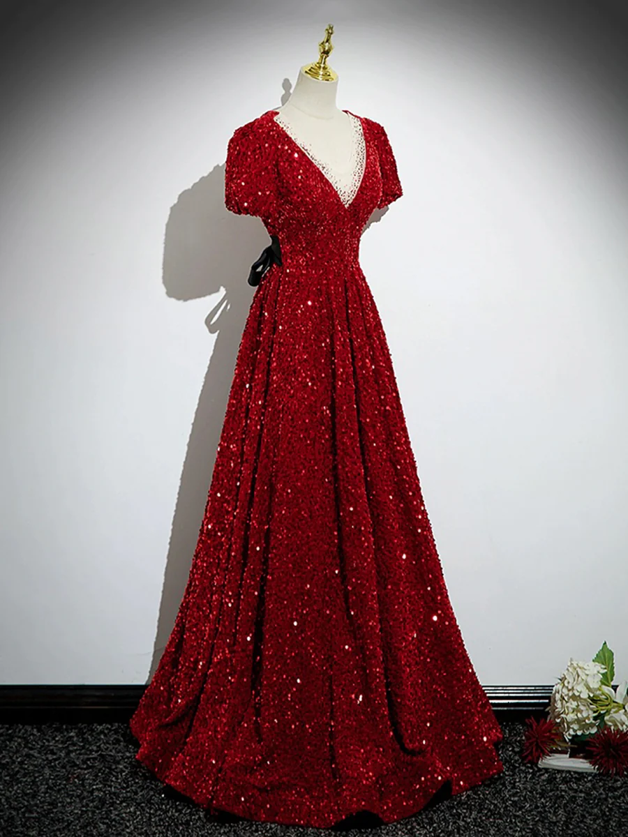 Sparkly Red V Neck Sequins Beaded Evening Party Dress DP399