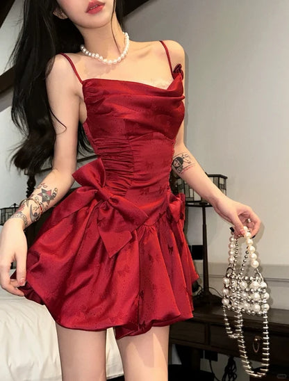 Sexy Red Bow A Line Spaghetti Strap Satin Short Homecoming Dress Outfits DP6396
