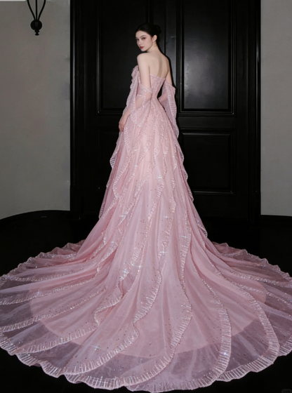 Gentle A Line Off the Shoulder Layered Beaded Pink Organza Long Prom Dress Evening Dress DP2655