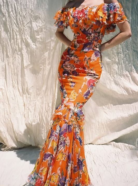 Mermaid Off the Shoulder Print Floral Orange Chiffon Long Prom Dress Party Dress DP3778