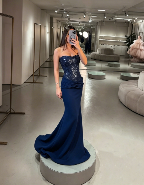 Sexy Dark Blue Mermaid Sequin Satin Prom Dress Evening Dress DP5145