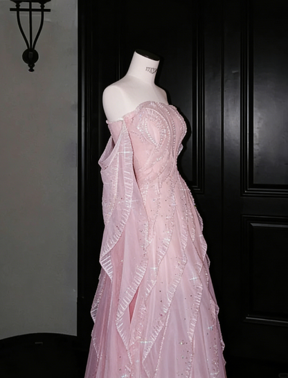 Gentle A Line Off the Shoulder Layered Beaded Pink Organza Long Prom Dress Evening Dress DP2655