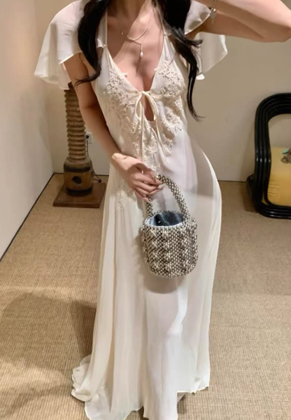 Romantic A Line V Neck White Appliques Chiffon Prom Dress Evening Dress DP7925