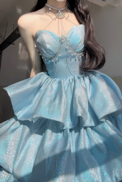 Dreamy Blue Ball Gown Sweetheart Neck Layered Sequin Prom Dress DP4159