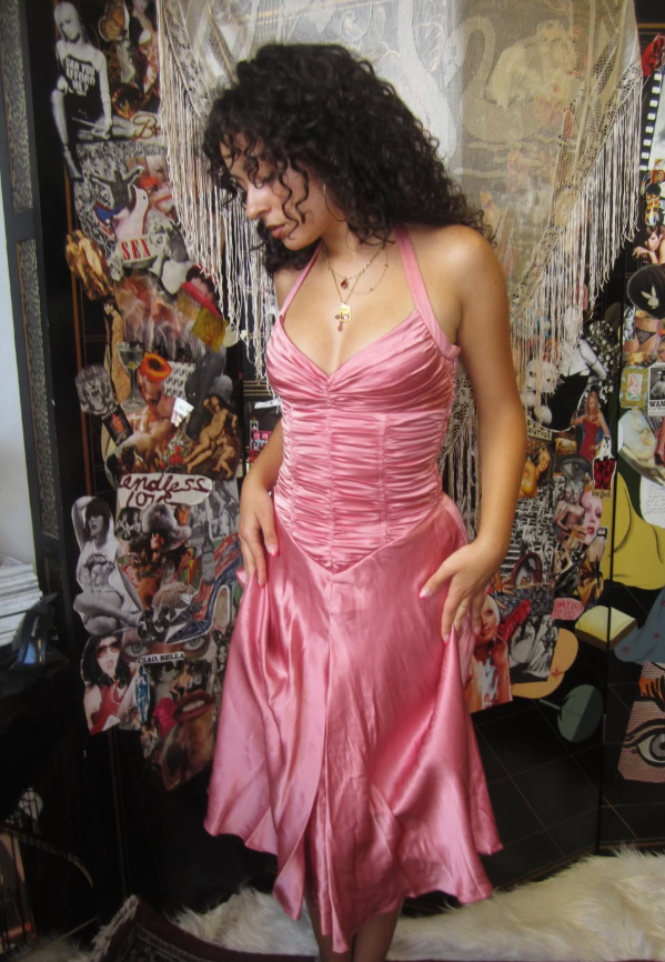 Vintage Pink A Line Halter Pleated Satin Short Homecoming Dress DP5756