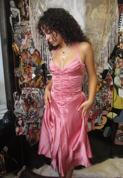 Vintage Pink A Line Halter Pleated Satin Short Homecoming Dress DP5756