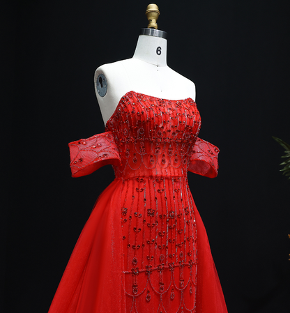 Charming A Line Off the Shoulder Beaded Tulle Prom Dress Evening Dress DP1921