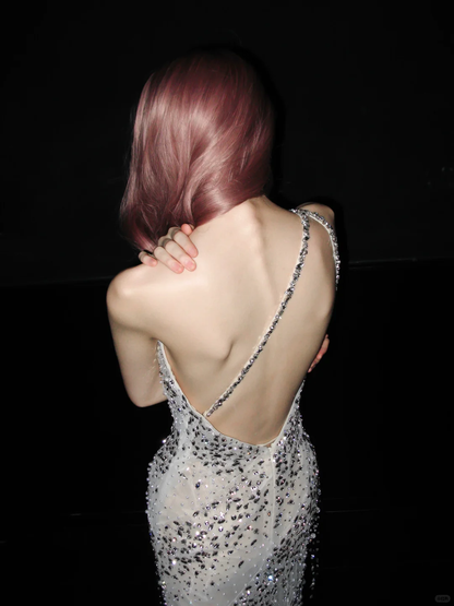 Shiny Sheath One Shoulder Rhinestone Tulle Long Prom Dress DP5186