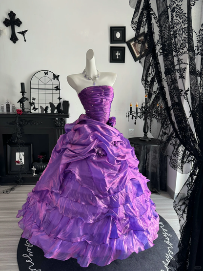 Vintage Purple Ball Gown Strapless Beaded Layered Satin Prom Dress Quinceanera Dress DP6962