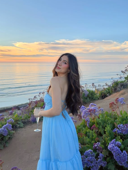 Sky Blue A Line Strapless Tulle Prom Dress Evening Dress Vacation Dress DP5606