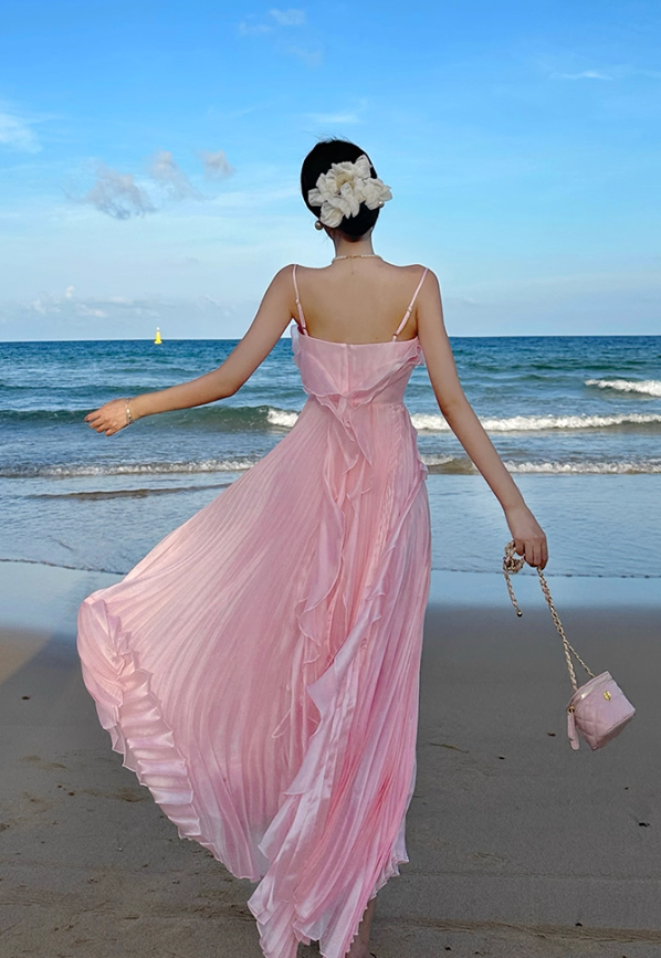 Pink A Line Spaghetti Strap Pleated Ruffle Chiffon Long Beach Vacation Dress Outfits DP3402