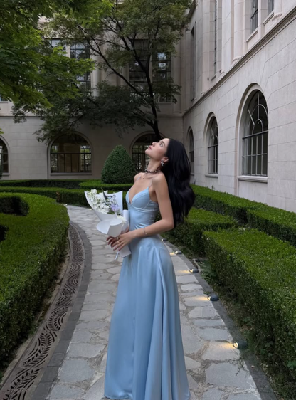 Pretty Blue A Line Spaghetti Strap Satin Long Prom Dress Evening Dress DP7977