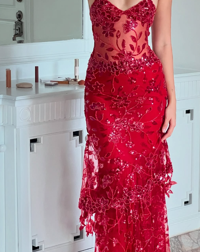 Stunning Sheath Spaghetti Strap Sequin Red Tulle Prom Dress Evening Dress DP1806