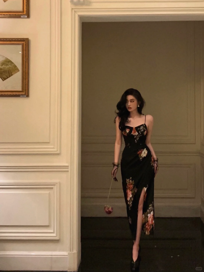 Sexy Sheath Spaghetti Strap Print Floral Black Chiffon Prom Dress Party Dress Outfits DP4138