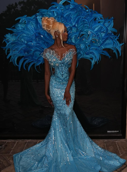 Chic Mermaid Strapless Shiny Beaded Sequin Tulle Long Sweep Prom Dress DP5053