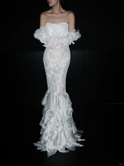 Chic Mermaid Sweetheart Neck White Lace Ruffle Satin Long Wedding Dress DP8121