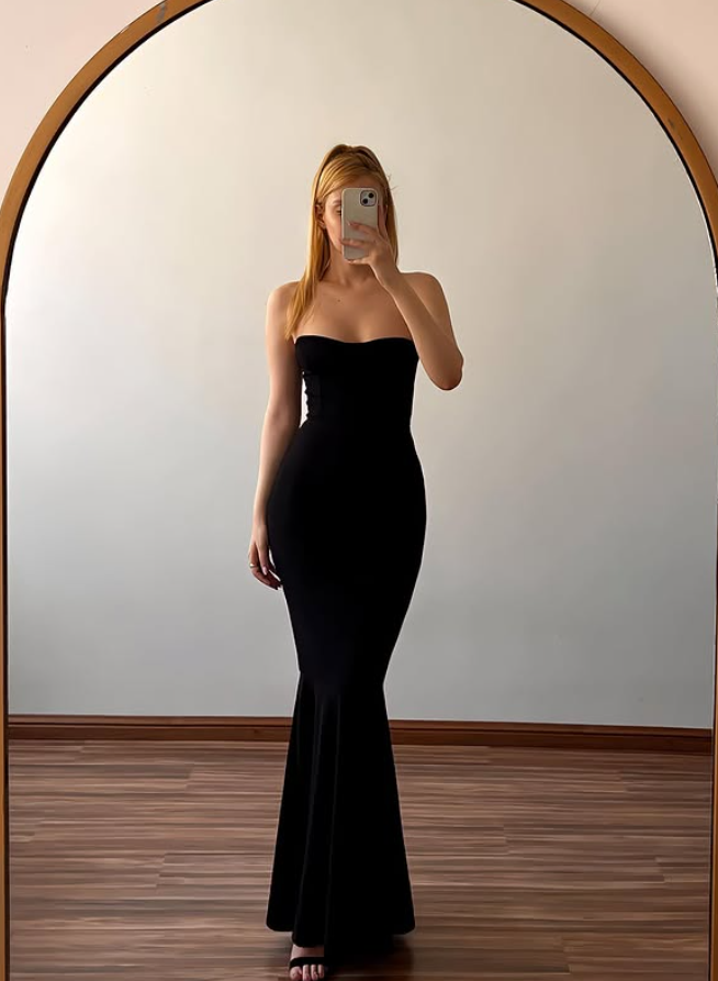 High-class Black Mermaid Strapless Satin Long Prom Dress Evening Dress DP6501