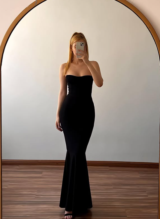 High-class Black Mermaid Strapless Satin Long Prom Dress Evening Dress DP6501