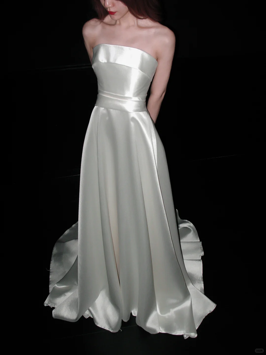 Simple Glossy A Line Strapless White Satin Wedding Dress DP5202