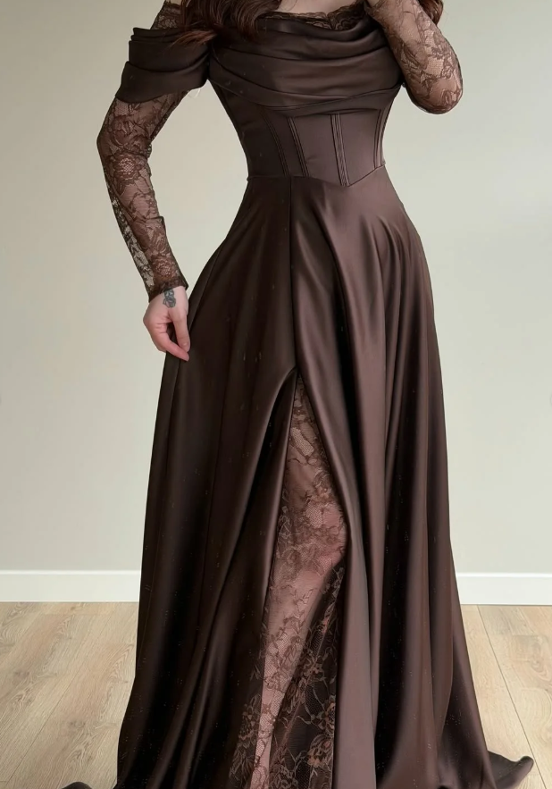 Elegant Brown A Line Long Sleeve Lace Satin Prom Dress DP5021