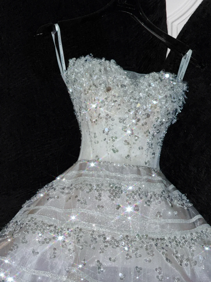 Stunning A Line Strapless Beaded Sequin White Tulle Long Prom Dress Party Dress DP2574