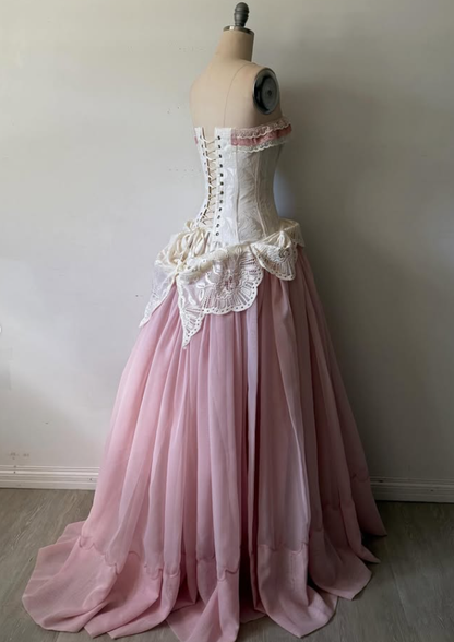 Vintage Pink A Line Strapless Satin Tulle Long Prom Dress Evening Dress DP7880
