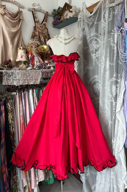 Vintage A Line Strapless Red Satin Prom Dress Evening Dress DP4867